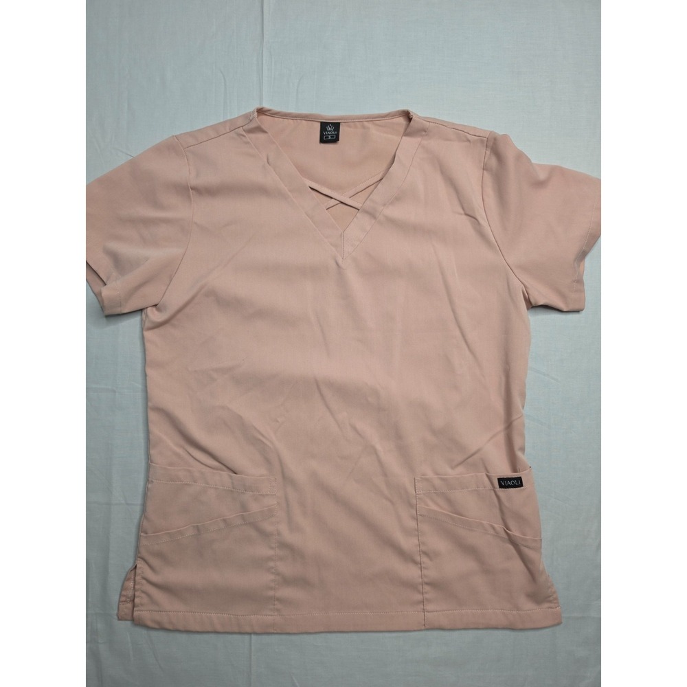 Viaoli Scrub Top Women's Small Pink Criss Cross V-Neck Workwear Medical Uniform